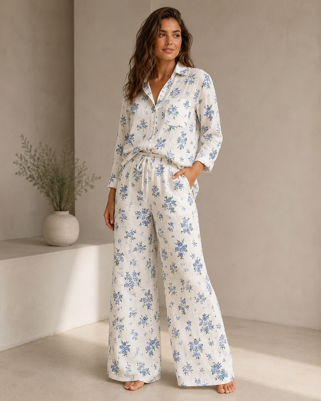 Set Muselină Blue Blossom Pantalon Lung