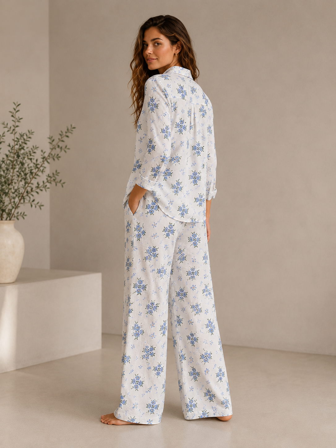 Set Muselină Blue Blossom Pantalon Lung