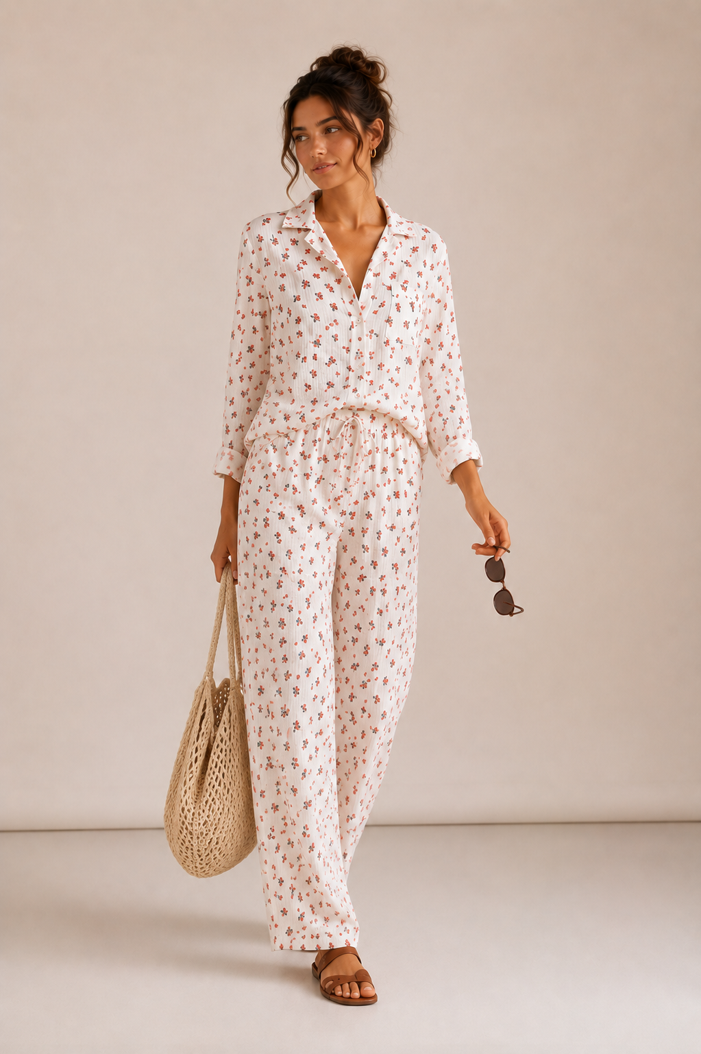 Set Muselină Red Blossom Pantalon Lung