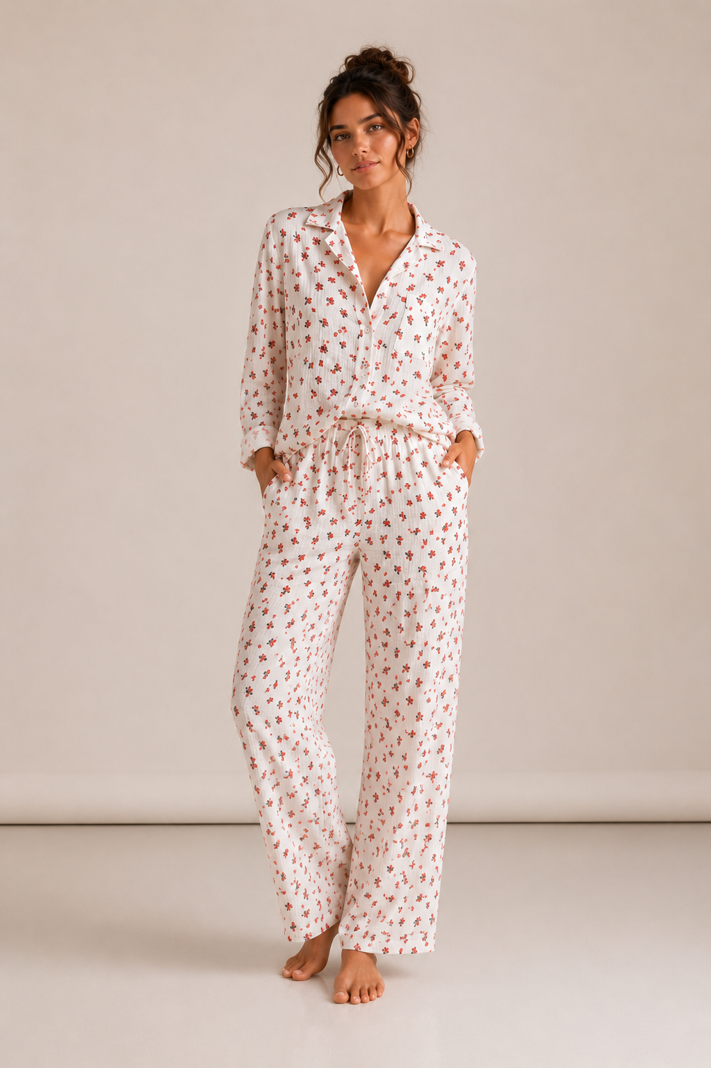 Set Muselină Red Blossom Pantalon Lung